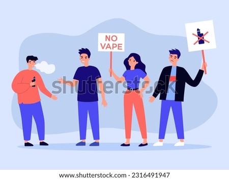 Protesters demanding to ban vaping vector illustration. People with banners pointing at man vaping in public. Prohibition of vape and electronic cigarettes, harm of smoking concept