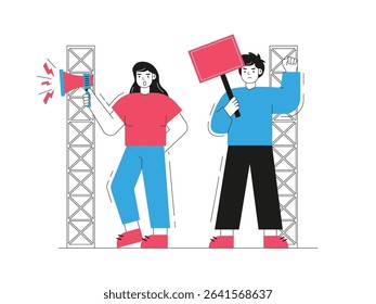 Protesters are demonstrating in public, carrying posters and megaphones. Character design. Vector flat illustration