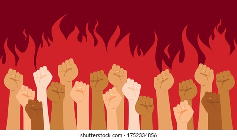 Protesters hands. Multiracial fists hands up vector illustration. Concept of unity, revolution, fight, cooperation. Flame on background.  Flat vector illustration.