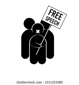 Protesters With Free Speech Sign And Mouth Shut With Duct Tape. Flat Vector Illustration. Design For Protest, Freedom, Equal Rights, Censure, Dictatorship.