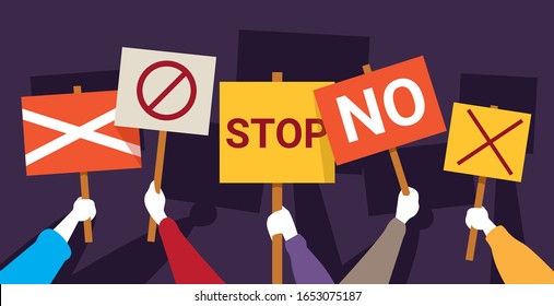 protesters hands holding peace protest posters no stop placards demonstration speech activist rally election campaigning political freedom concept horizontal vector illustration