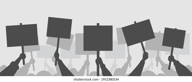 protesters hands holding peace protest posters blank vote placards demonstration speech activist rally election campaigning political freedom concept horizontal