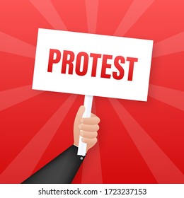 Protesters hands holding protest signs. Vector stock illustration.