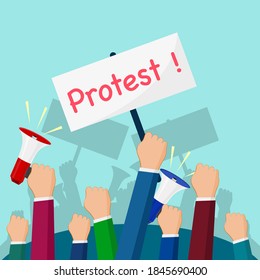 Protesters hands holding protest signs. crowd of angry people. crowd of people protesters. Vector illustration