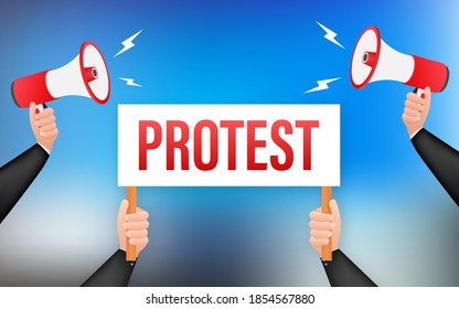 Protesters hands holding protest signs. Vector stock illustration.