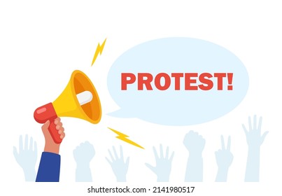 Protesters hands holding protest signs, crowd of angry people
