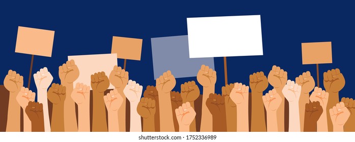 Protesters hands holding banners with copy space. Strike, revolution, conflict vector background. Vector Illustration strike political protester and demonstration.