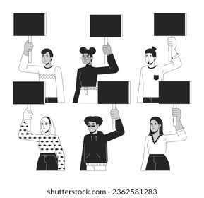 Protesters holding blank poster flat line black white vector characters set. Human rights. Editable outline full body person. Protest simple cartoon isolated spot illustration for web graphic design