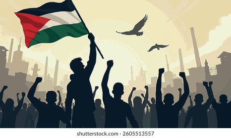 Protesters Holding Palestinian Flag in Industrial Setting