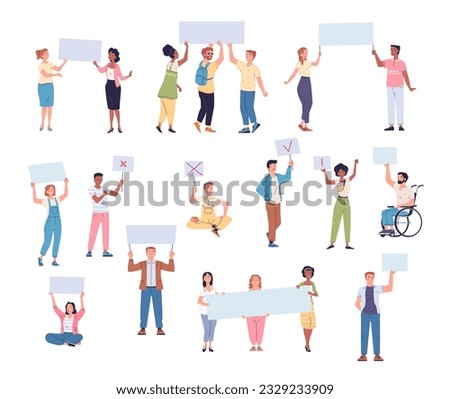 Protesters holding placards. People with protest signs banner or poster for demonstration political campaign human rights parade student social activists vector illustration of placard banner activist