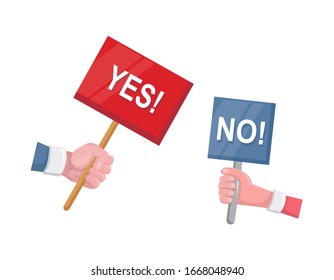 Protesters holding posters, placards, banners, flags. Placards with protest, calls, voting Yes and No. Cartoon vector illustration