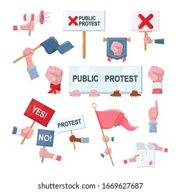Protesters holding posters, placards, banners, flags. Manifestation with protest, calls to fight. Activist speech with through megaphone. Cartoon vector illustration