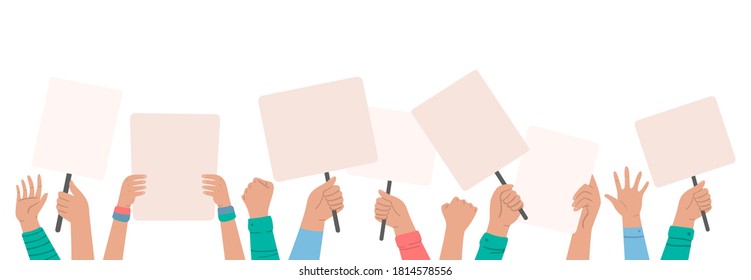 Protesters holding signs. People fight for rights, banner revolution, protest and demonstration, freedom riot. Vector illustration