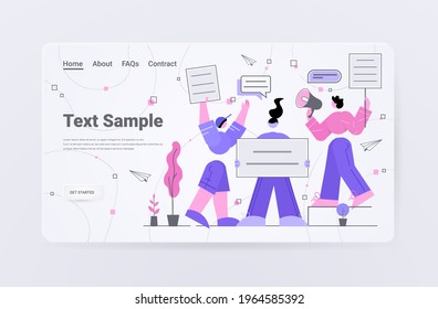 protesters with placards and loudspeaker protesting on demonstration political meeting protest concept