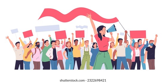 Protesters rally. Crowd protest people with banner megaphone on citizen or justice revolution angry woman protester street riot political activism vector illustration of crowd protest demonstration