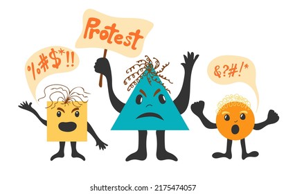Protesters. Set of Various basic Geometric Figures with face emotions, hands and legs. Different shapes. Concept of revolution or protest. Hand drawn trendy Vector illustration