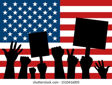 Protesters as silhouettes demonstrating in front of big American flag. Concept of people protesting against USA. Vector illustration.	
