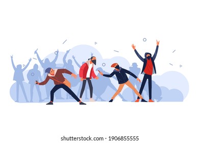 Protesters throws stones toward police during city streets riots. Youth Hooligans protests, fire smoke soot street fighting. Cartoon flat style vector illustration isolated on white background.