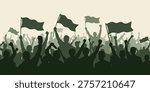 Protesters wave flags and raise fists in a crowded public demonstration. A group of people protesting with flags in a crowded public demonstration