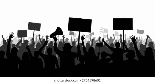 Protesters wave flags and signs in a peaceful demonstration downtown today, A crowd of people protest with flags and signs in a public square at night. Protesters hold signs and megaphones in a demonstration downtown