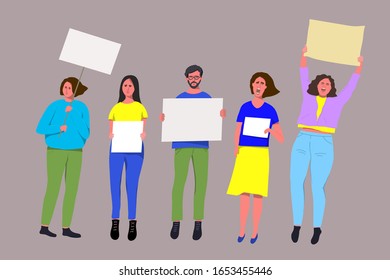 Protest.Group of protest people holding blank placards.Men and women take part in political rallies, parades or rallies.Vector illustration.