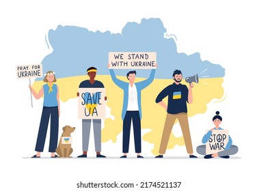 Protest aktive Menschen mit Plakaten auf einer friedlichen Demonstration. Männer und Frauen protestieren und halten Schilder mit Anti-Kriegsparolen. Demonstranten, Krieg, retten die Ukraine. Vektorflache Illustration.