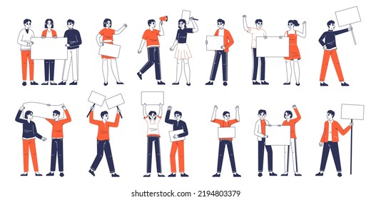 Protesting activists holding blank banners, demonstrating people. Political or environmental manifesting activists, street demonstration flat vector illustration set. Outline protesting people