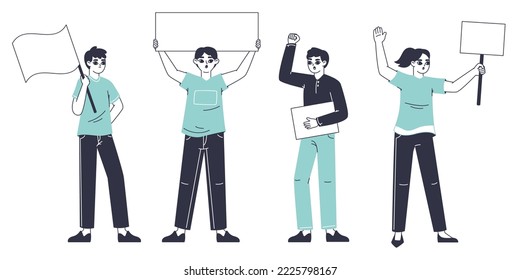 Protesting activists holding placards, peaceful protesters. Political rally, manifestation or protest, activists group isolated flat vector illustration on white background