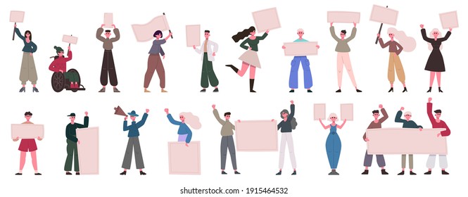 Protesting activists. People crowd hold banners, male and female manifesting activists. Political meeting and demonstration vector illustration. Activist protest demonstration with banner and placard