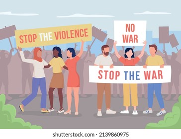 Protesting against War flat color vector illustration. Stop violence. No war. People fighting for human rights 2D simple cartoon characters with crowd on background. Bebas Neue font used