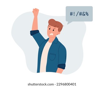 Protesting cartoon angry man with bubble speech. Vector isolated Flat illustration of a man at a social rally or vote.