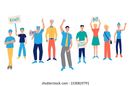 Protesting cartoon people with signs. Vector illustration for your graphic design.