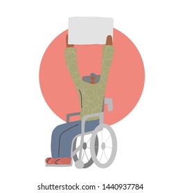 Protesting character sitting in a wheelchair with sign boards. Person holding clear placards. Human character take part of rally, parade. Vector illustration.