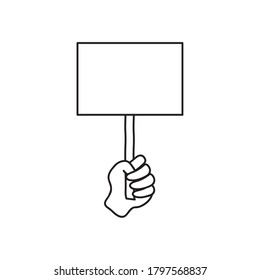 Protestkonzept, Hand, die ein leeres Plakatsymbol auf weißem Hintergrund, Linienstil, Vektorgrafik