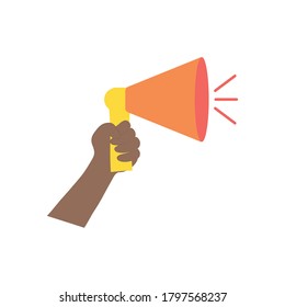 protesting concept, hand holding up a megaphone icon over white background, flat style, vector illustration