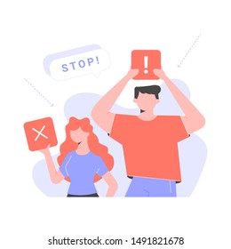 Protesting couple. Refusal to do anything, drawing attention to the problem. Vector illustration.