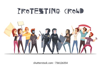 Protesting crowd design concept with cartoon characters of protesters and policemen armed with batons and shields vector illustration   