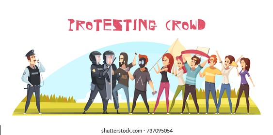 Protesting crowd poster with guards of order and group of young people demonstrating emotional protest cartoon vector illustration