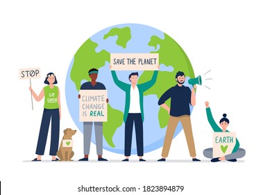 Protesting Eco-activists With Posters On Demonstration. Men And Women Protest Holding A Sign With Green Planet Quotes. Protesters, Climate Change, Save Our Planet. Vector Flat Illustration.