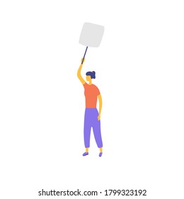 Protesting girl with a placard. Feminist strike. Women s riot for freedom and equality. Women s movement against domestic violence and harassment. Vector flat illustration
