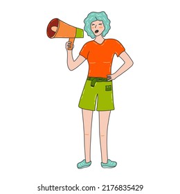 Protesting girl screams into a bullhorn. Loudspeaker in hand. Demand for justice, peace and freedom. Demonstrator retains her rights, peaceful rally. Colorful vector isolated illustration hand drawn