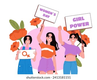 Protesting girls concept. Feminism and equality. Young girls with placards fight for rights. Activists and responsible society. Cartoon flat vector illustration isolated on white background