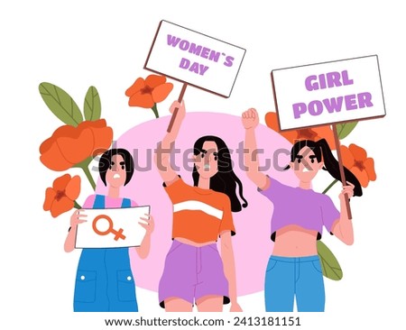 Protesting girls concept. Feminism and equality. Young girls with placards fight for rights. Activists and responsible society. Cartoon flat vector illustration isolated on white background
