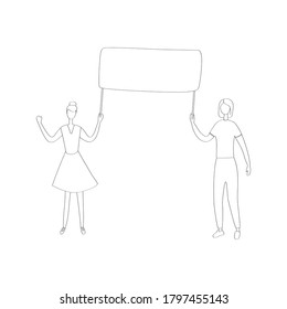 Protesting girls with a placard. Feminist strike. Women riot for freedom and equality. Female movement against domestic violence and harassment. Vector linear illustration