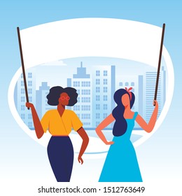 Protesting Girls with Placards on Demonstration, Characters Holding Banners and Signs, International Womens Day Flat Vector Illustration