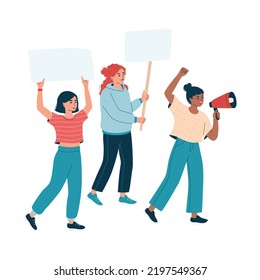 Protesting group of diverse women with placard, banner and megaphone on demonstration. Female march for rights. Girl power concept. Isolated flat vector illustration