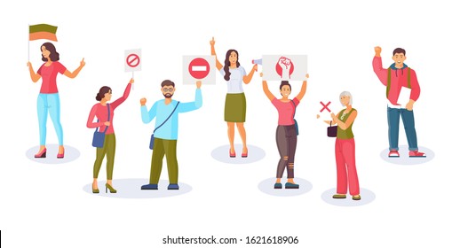 Protesting group people. Crowd of protesting people demonstration, are holding placards on strike or demonstration. Men and women take part in the rally, political meeting. Vector illustration