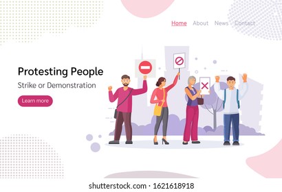 Protesting group people. Crowd of protesting people demonstration, are holding placards on strike or demonstration. Men and women take part in the rally, political meeting. Vector mockup landing page