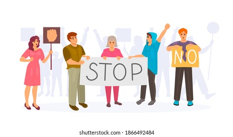 Protesting group people. Crowd of protesting people demonstration are holding placards. Man woman take part in rally political meeting against war, environmental pollution. Activist speech on meeting.