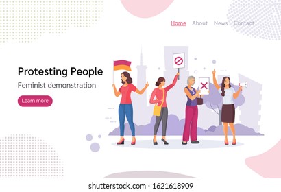 Protesting group people. The feminist demonstration, women empowerment with poster, banner, loudspeaker, flags. Female activists hold in hands placards. Vector illustration mockup website landing page